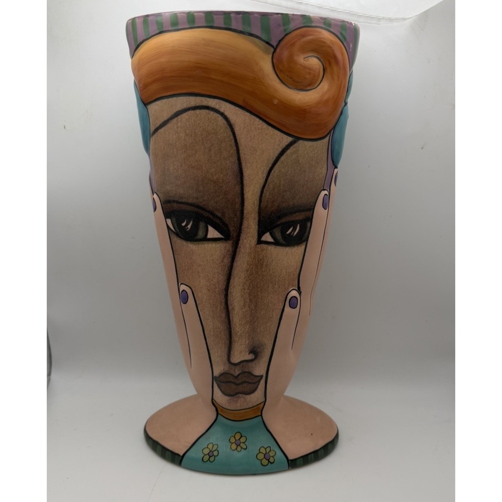 Kimberly Wilcox Silvestri Woman Face Vase Ceramic Art Pottery 12" Whimsical